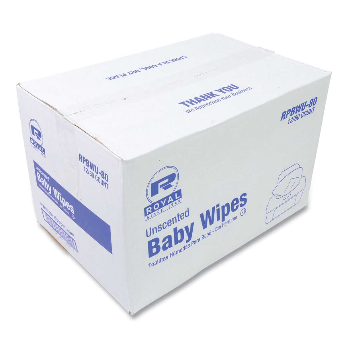 AmerCareRoyal Baby Wipes Tub, Unscented, White, 80/Tub, 12 Tubs/Carton (RPBWU80)