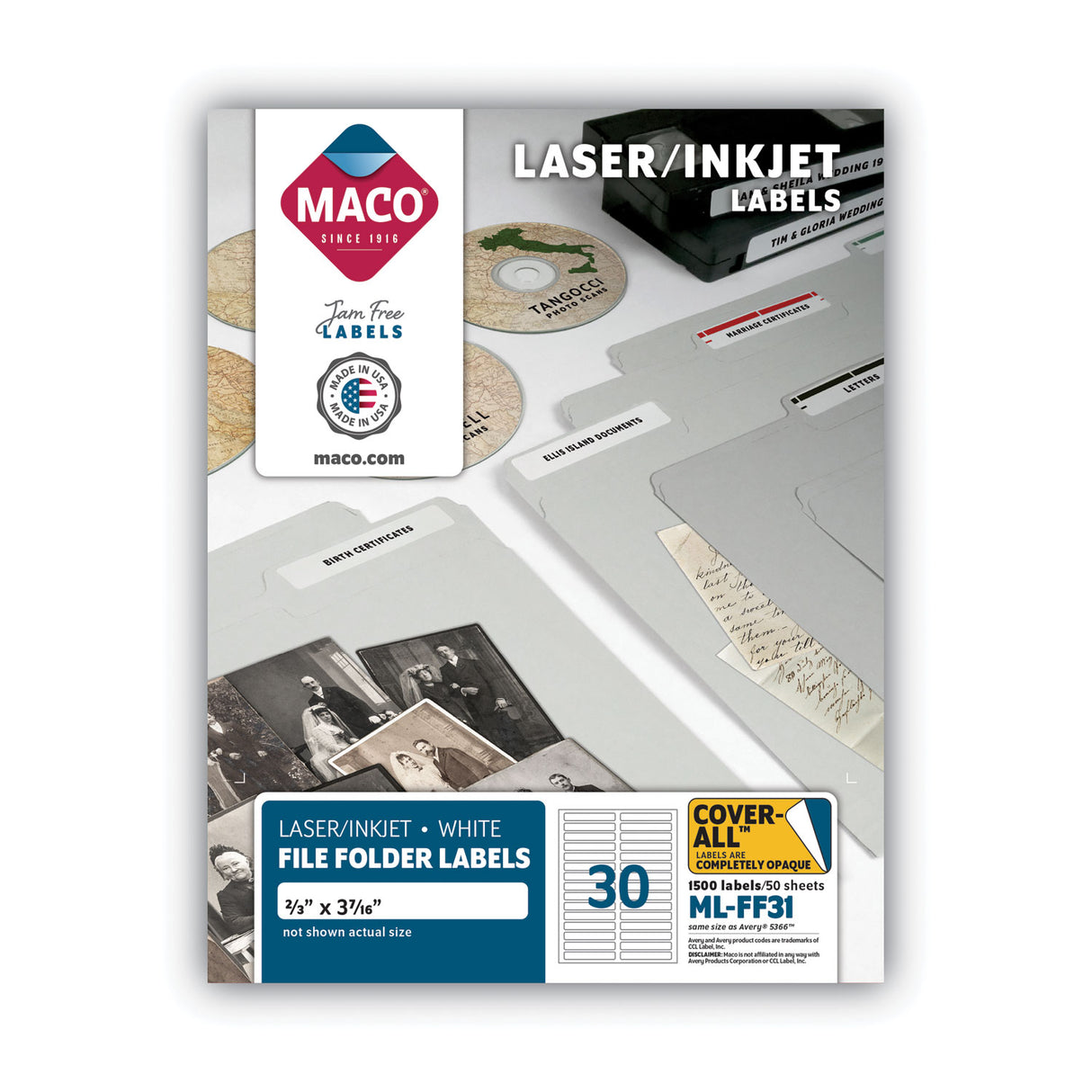 MACO Cover-All Opaque File Folder Labels, Inkjet/Laser Printers, 0.66 x 3.44, White, 30 Labels/Sheet, 50 Sheets/Box (MLFF31)