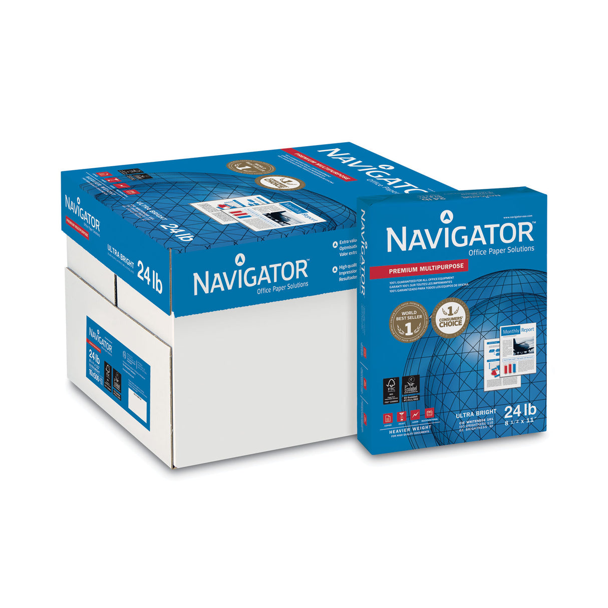Navigator Premium Multipurpose Copy Paper, 97 Bright, 24 lb Bond Weight, 8.5 x 11, White, 500 Sheets/Ream, 10 Reams/Carton (NMP1124)