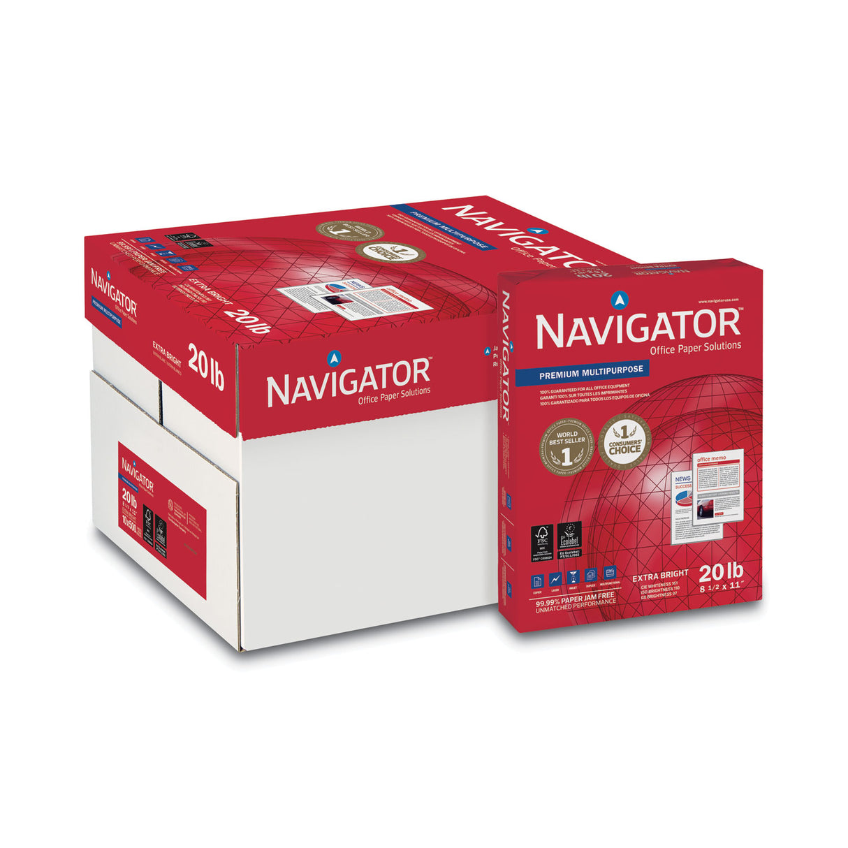 Navigator Premium Multipurpose Copy Paper, 97 Bright, 20 lb Bond Weight, 8.5 x 11, White, 500 Sheets/Ream, 10 Reams/Carton (NMP1120)