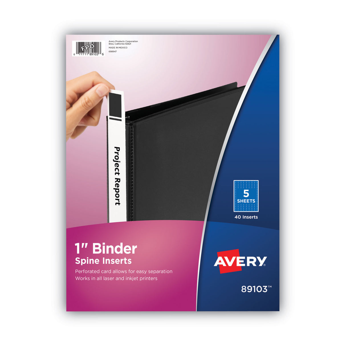 Avery Binder Spine Inserts, 1" Spine Width, 8 Inserts/Sheet, 5 Sheets/Pack (89103)