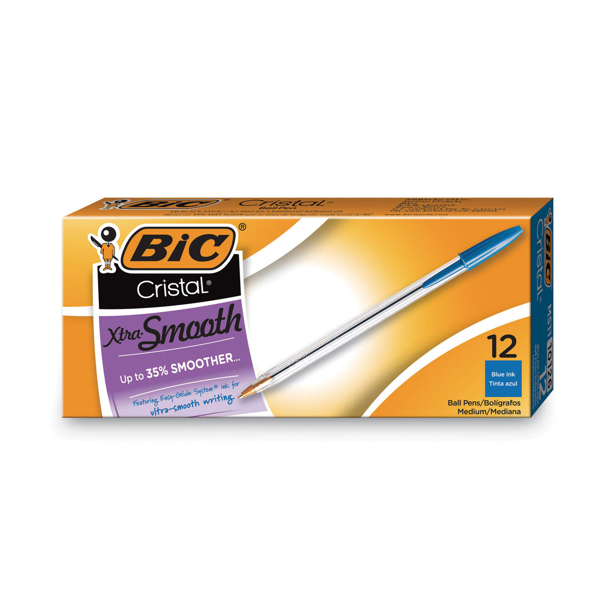 BIC Cristal Xtra Smooth Ballpoint Pen, Stick, Medium 1 mm, Blue Ink, Clear Barrel, Dozen (MS11BE)