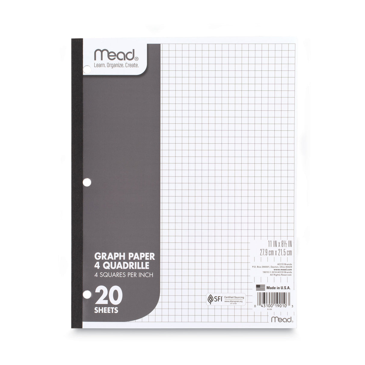 Mead Graph Paper Tablet, 3-Hole, 8.5 x 11, Quadrille: 4 sq/in, 20 Sheets/Pad, 12 Pads/Pack (19010)