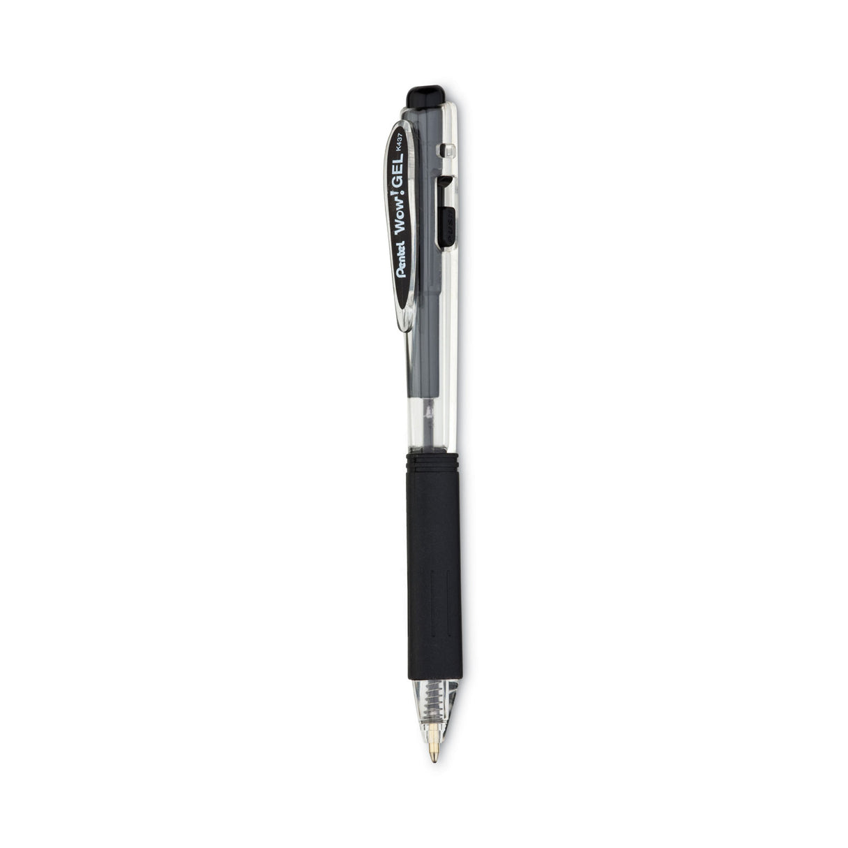 Pentel WOW! Gel Pen, Retractable, Medium 0.7 mm, Black Ink, Clear/Black Barrel, Dozen (K437A)