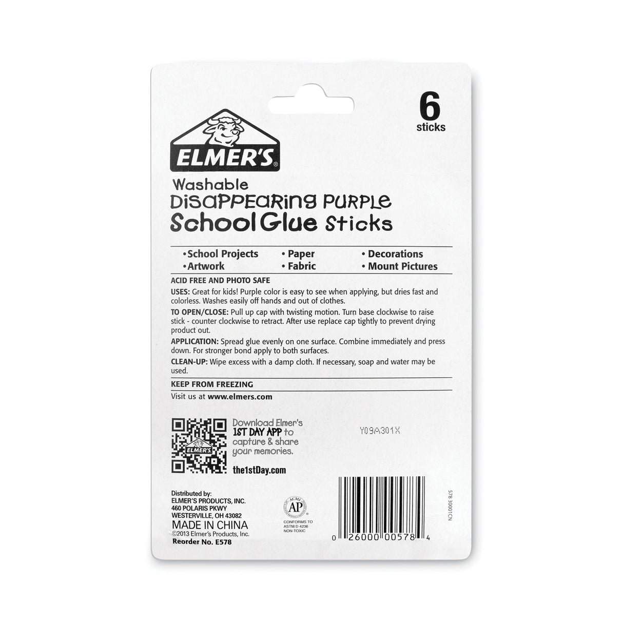 Elmer's School Glue Stick, 0.77 oz, Applies Purple, Dries Clear, 6/Pack (E578)
