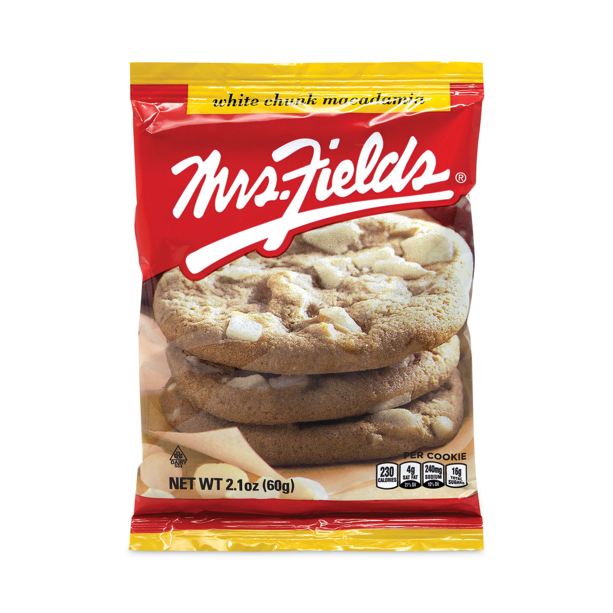 Mrs. Fields White Chunk Macadamia Cookies, 2.1 oz, Individually Wrapped Pack, White Chocolate, 12/Carton (20900470)