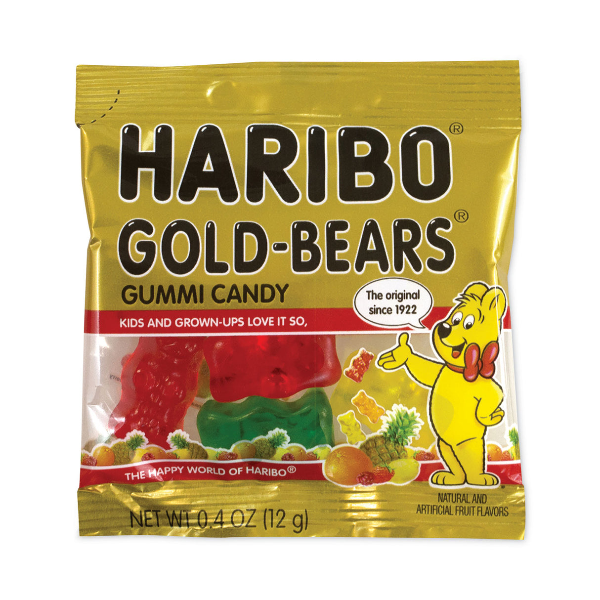 Haribo Goldbears Gummi Candy, 0.4 oz Pouches, Lemon; Orange; Pineapple; Rasberry; Strawberry, 54/Carton (20900181)