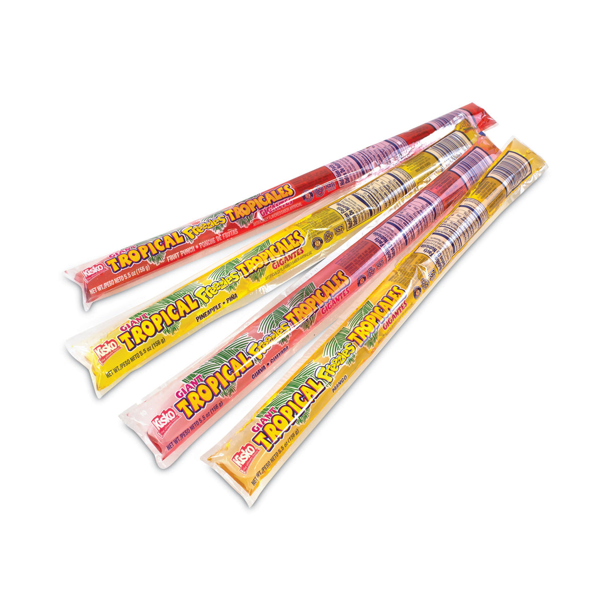 Kisko Giant Tropical Freezies Ice Pops, 5.5 oz Tube, Fruit Punch, Guava, Mango, Pineapple, 50/Carton (20900478)