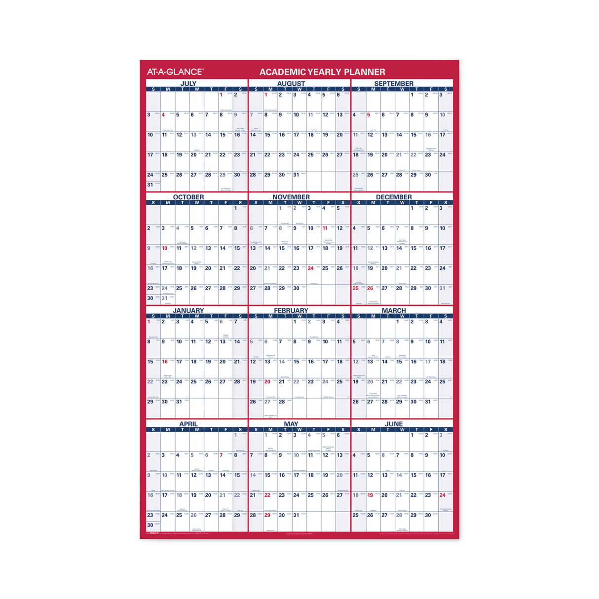 AT-A-GLANCE Academic Erasable Reversible Extra Large Wall Calendar, 48 x 32, White/Blue/Red, 12 Month (July to June): 2024 to 2025 (PM36AP28)