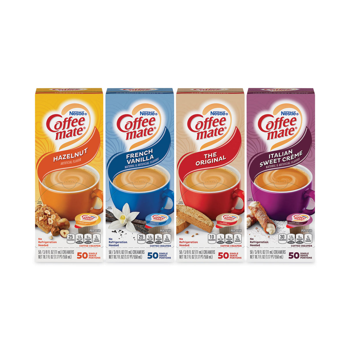 Coffee-mate Liquid Coffee Creamer, French Vanilla/Hazelnut/Italian Sweet Creme/Original, 0.37 oz, 200/Carton (28300012)