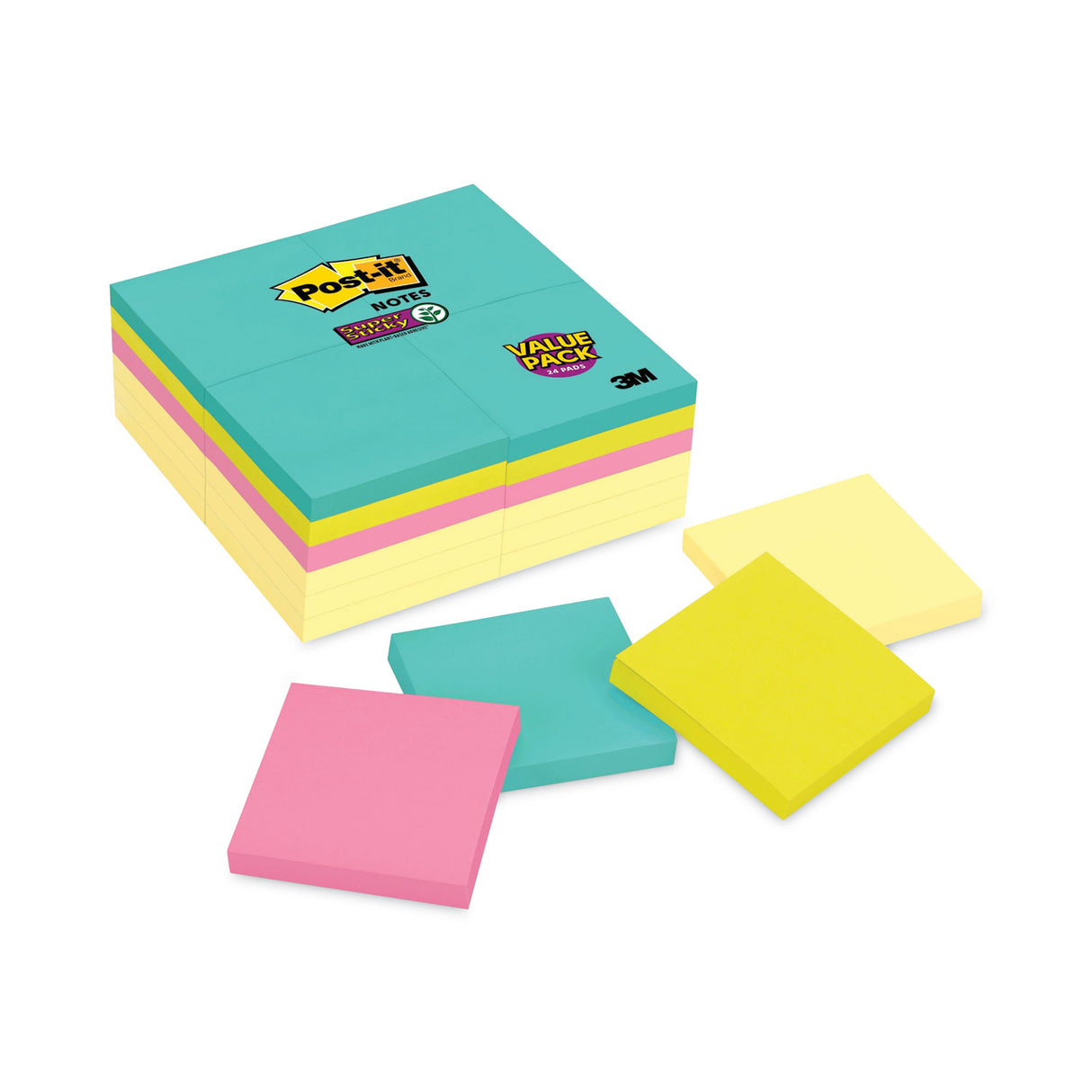 Post-it Self-Stick Notes Office Pack, 3" x 3", Supernova Neons Collection Colors, 90 Sheets/Pad, 24 Pads/Pack (65424SSCYM)