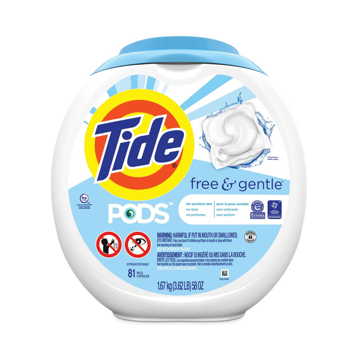 Tide® Pods Laundry Detergent, Unscented, 81 Pods, 4 Tubs (91798)