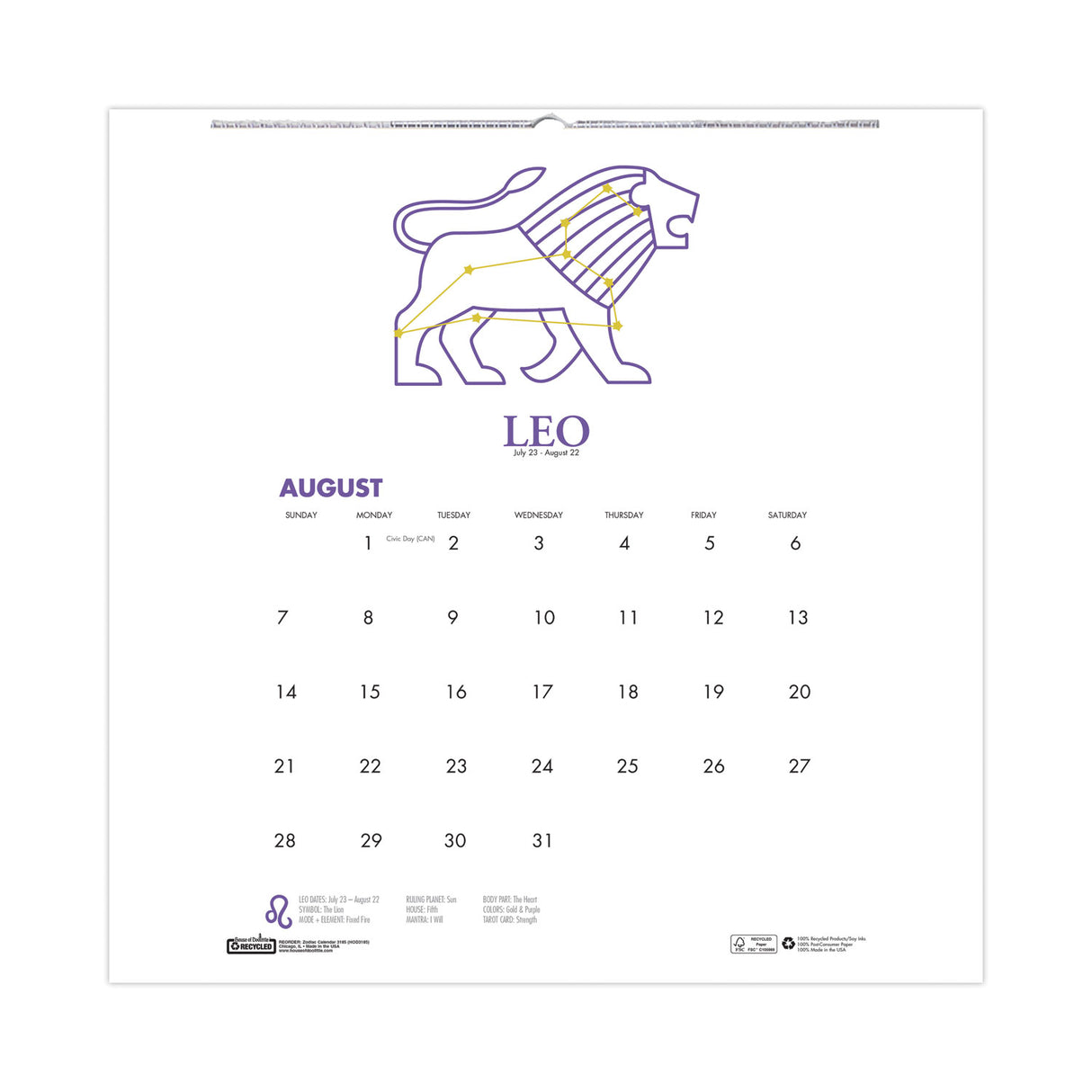 House of Doolittle Recycled Academic Zodiac Wall Calendar, 11 x 14, Multicolor Sheets, 12-Month (Aug to July): 2024 to 2025 (3185)
