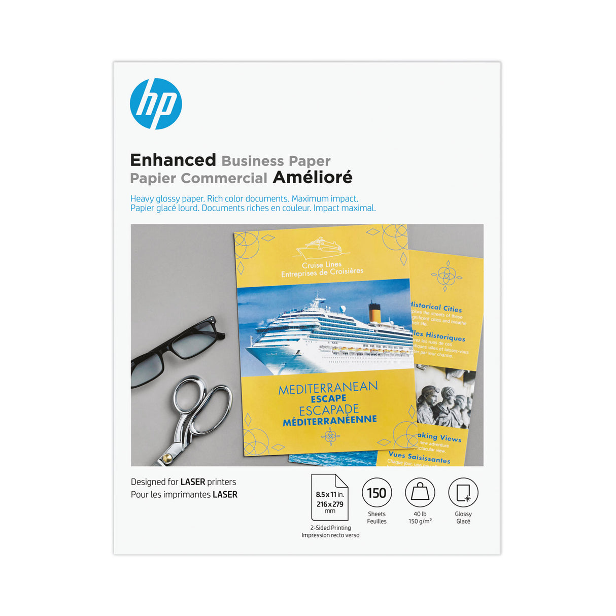 HP Color Laser Glossy Brochure Paper, 97 Bright, 40 lb Bond Weight, 8.5 x 11, White, 150/Pack (Q6611A)