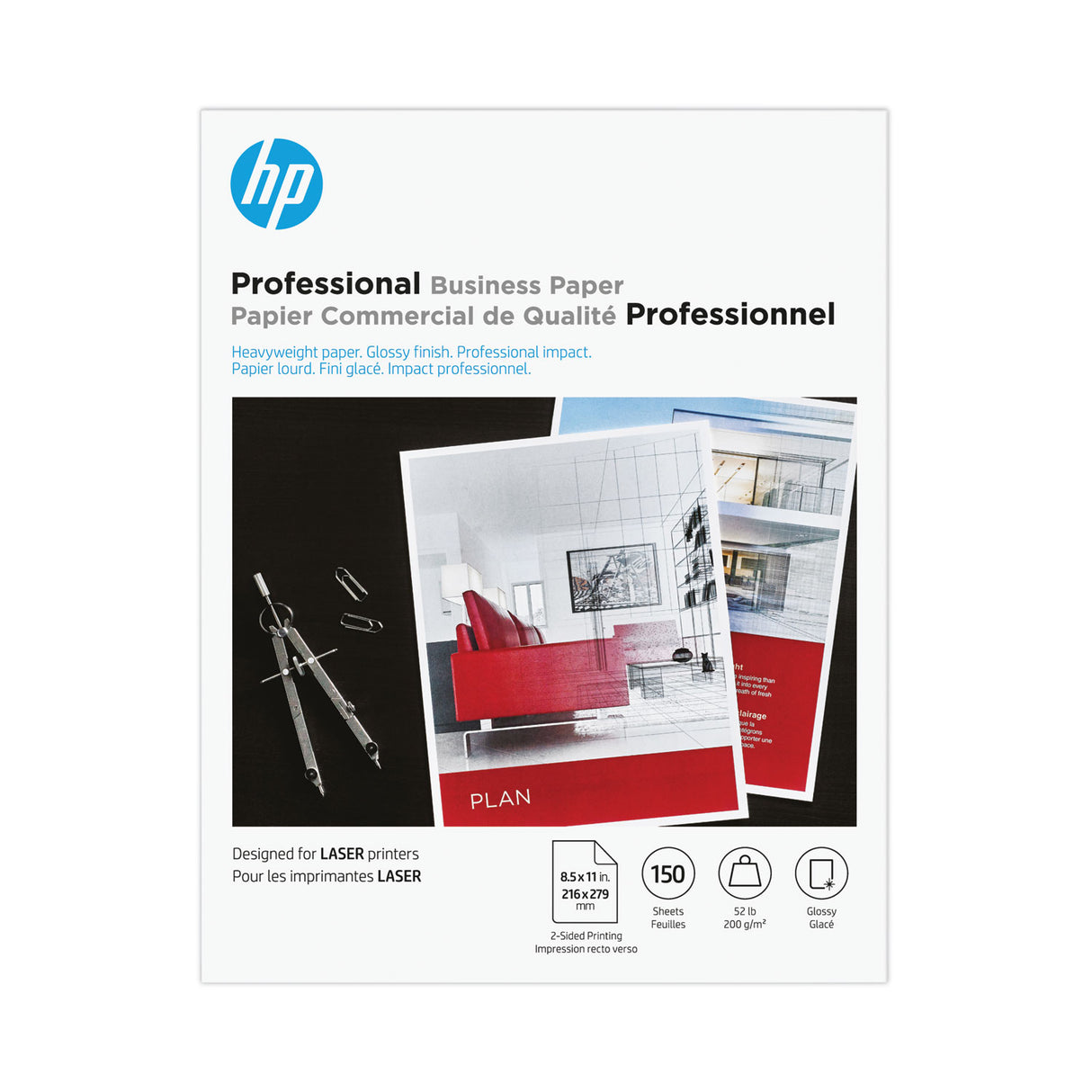 HP Professional Business Paper, 52 lb Bond Weight, 8.5 x 11, Glossy White, 150/Pack (4WN10A)