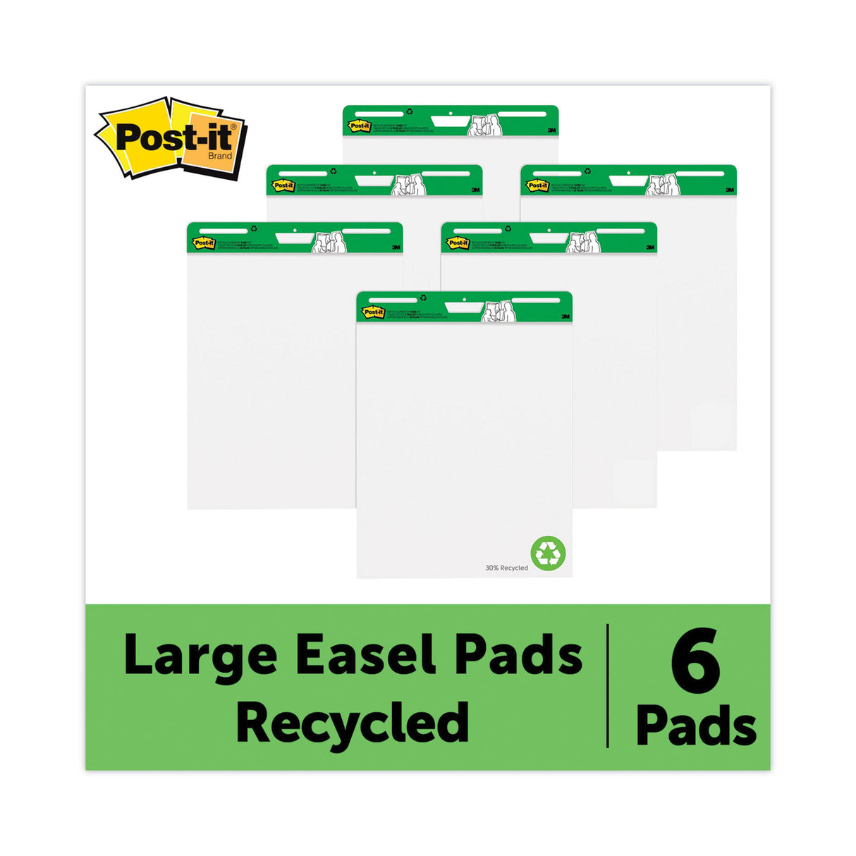 Post-it Vertical-Orientation Self-Stick Easel Pad Value Pack, Green Headband, Unruled, 25 x 30, White, 30 Sheets, 6/Carton (559RPVAD6)