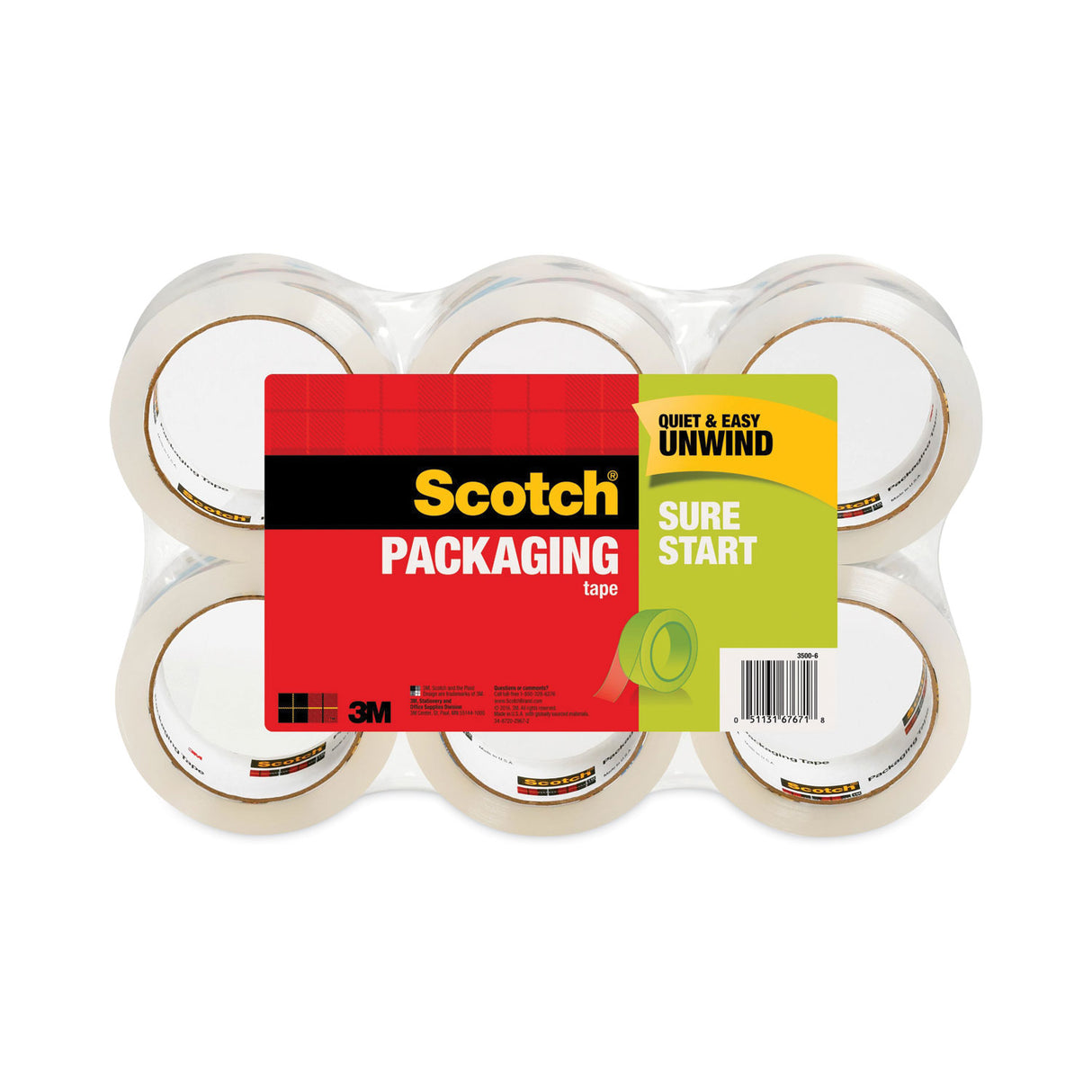 Scotch Sure Start Packaging Tape, 3" Core, 1.88" x 54.6 yds, Clear, 6/Pack (35006)