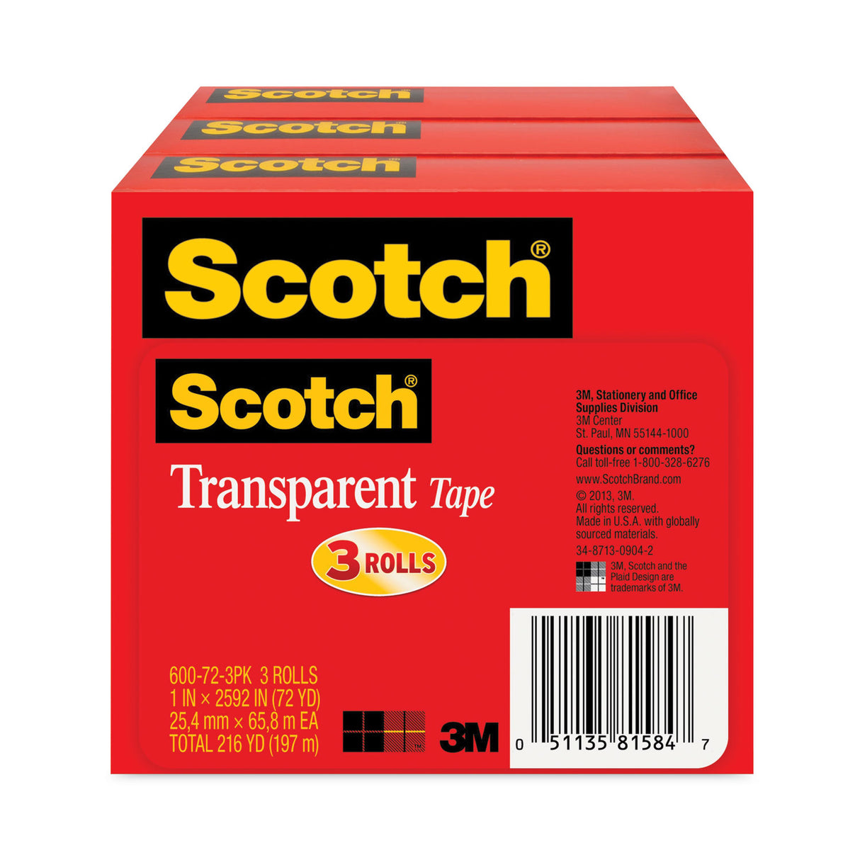 Scotch Transparent Tape, 3" Core, 1" x 72 yds, Transparent, 3/Pack (600723PK)