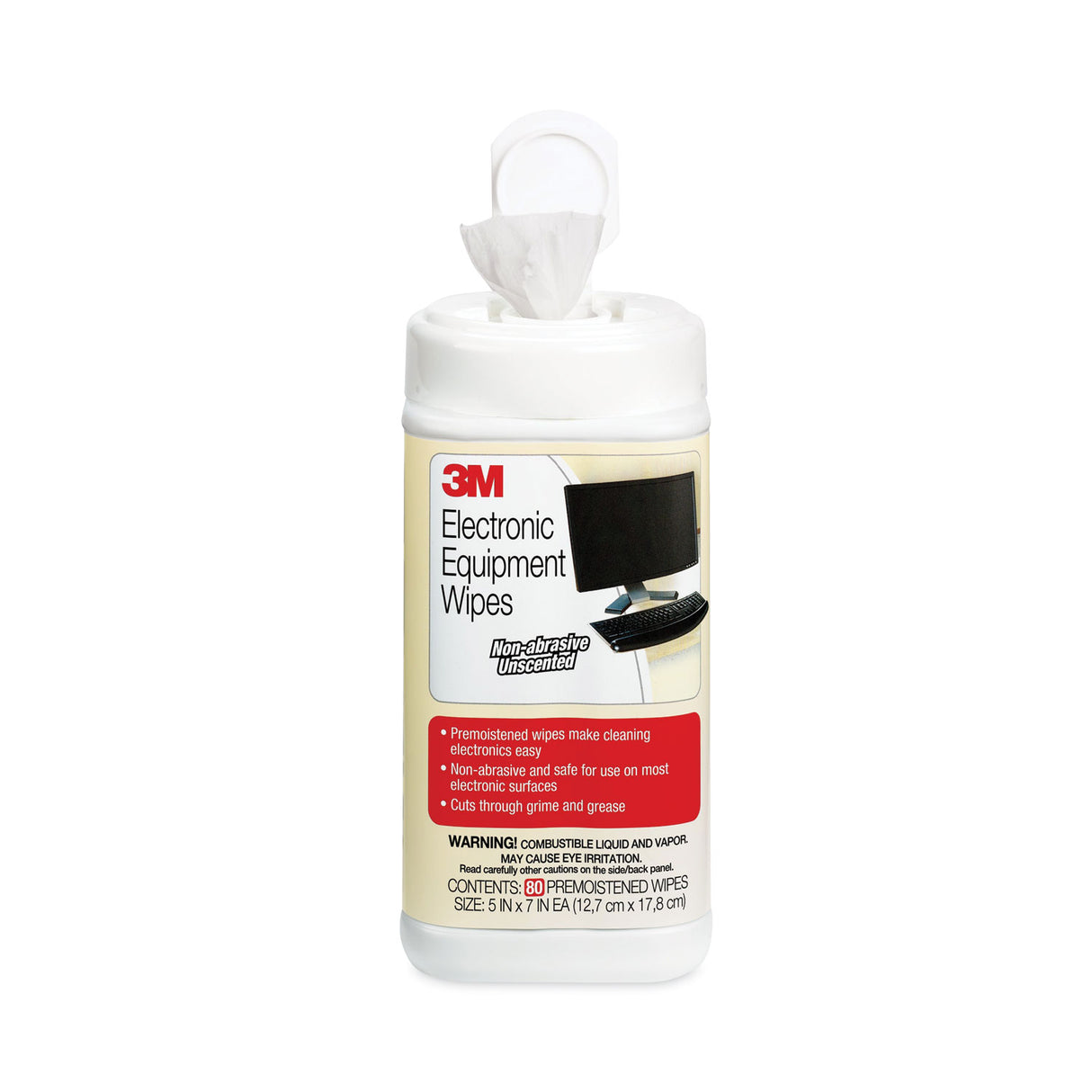 3M Electronic Equipment Cleaning Wipes, 1-Ply, 5.5 x 6.75, Unscented, White, 80/Canister (CL610)