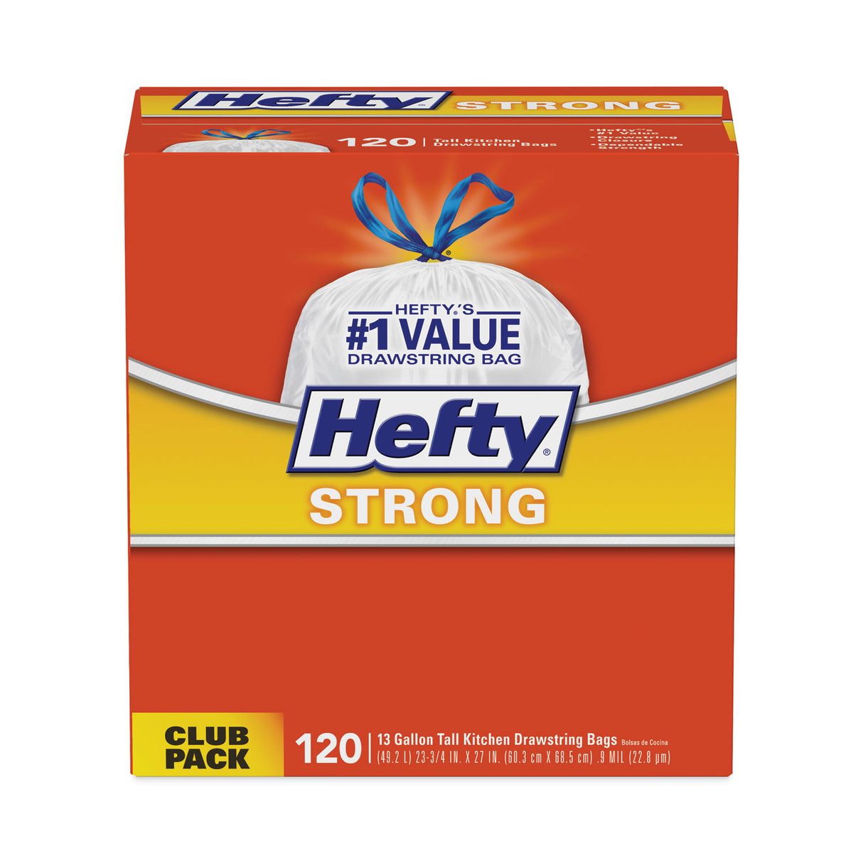 Hefty Strong Tall Kitchen Drawstring Bags, 13 gal, 23.75" x 27", White, 120 Bags/Box, 3 Boxes/Carton (E84562CT)