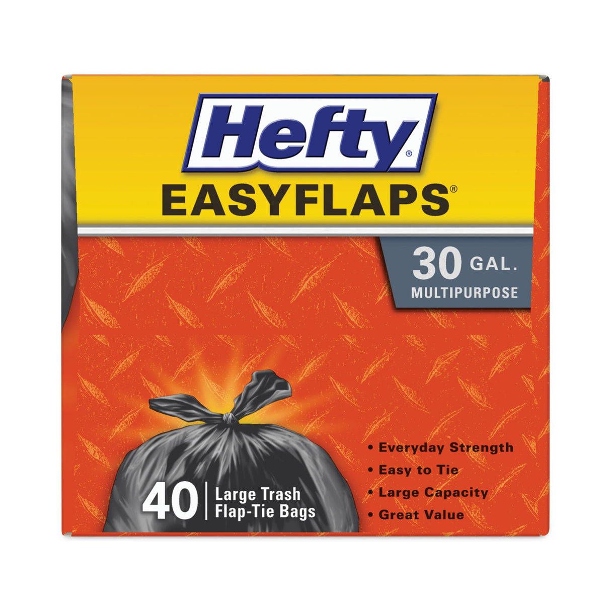 Hefty Easy Flaps Trash Bags, Tie-Flap, 30 gal, 0.85 mil, 30" x 33", Black, 40 Bags/Box, 6 Boxes/Carton (E27744CT)
