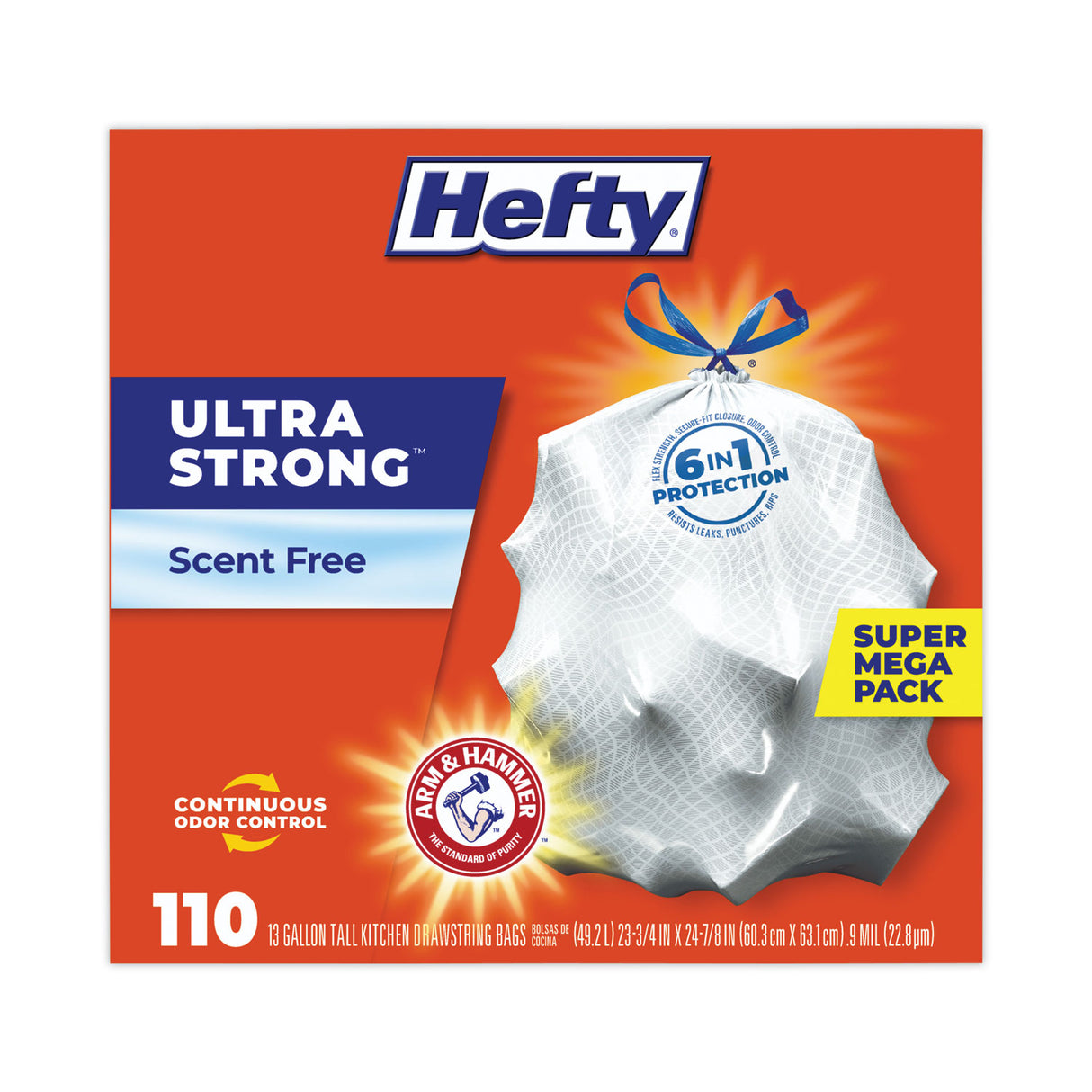 Hefty Ultra Strong Tall Kitchen Trash Bags, Drawstring, 13 gal, 23.75" x 24.88", White, 110 Bags/Box, 3 Boxes/Carton (E88368CT)
