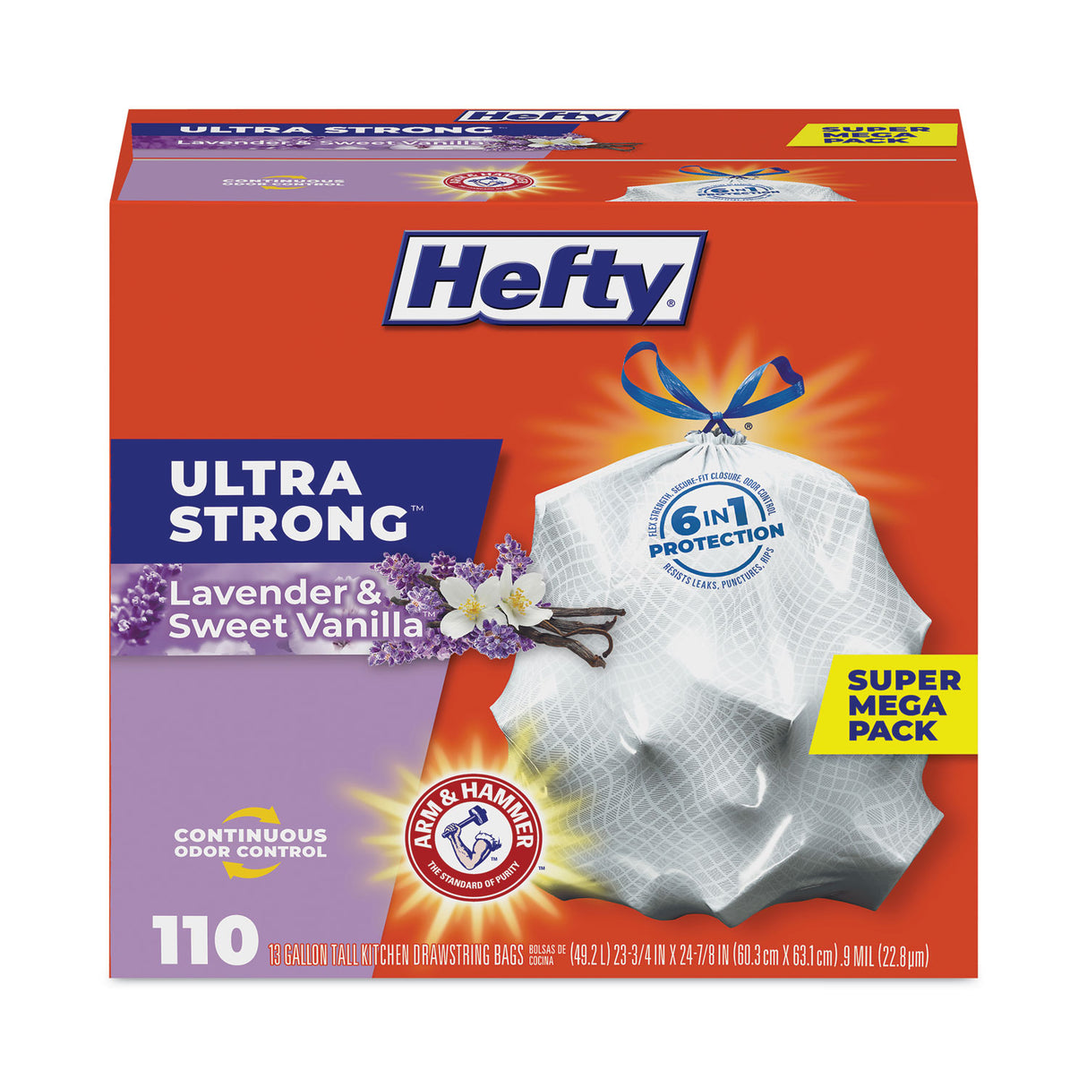 Hefty Ultra Strong Scented Tall Kitchen Bags, Drawstring, 13 gal, Lavender/Vanilla, 23.75" x 24.88", White, 110/Box, 3 Boxes/Carton (E88366CT)