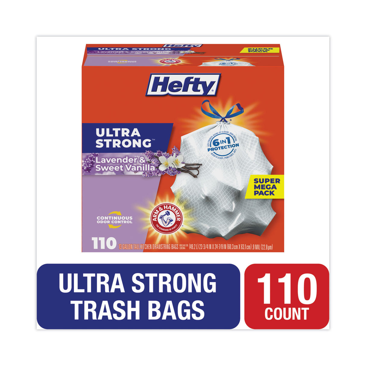 Hefty Extra Heavy-Duty Ultra Strong Scented Tall Kitchen Bags, Drawstring, 13 gal, Lavender/Vanilla, 23.75 x 24.88, White, 110/Box (E88366)