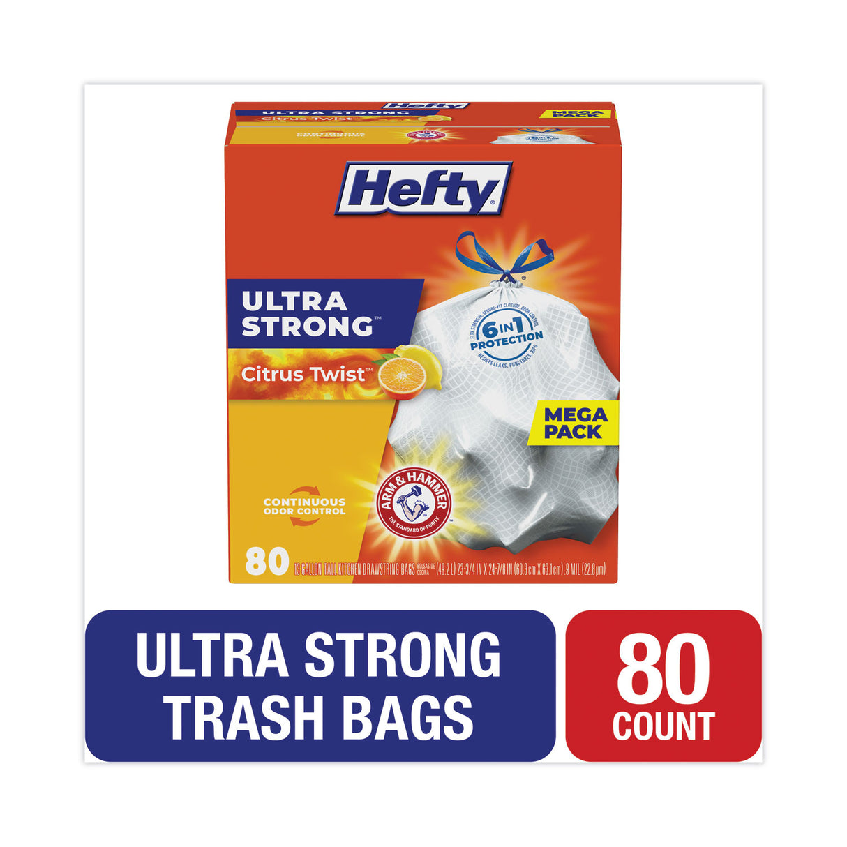 Hefty Extra Heavy-Duty Ultra Strong Scented Tall Kitchen Bags, Drawstring, 13 gal, Citrus Twist, 23.75" x 24.88", White, 80/Box (E88354)