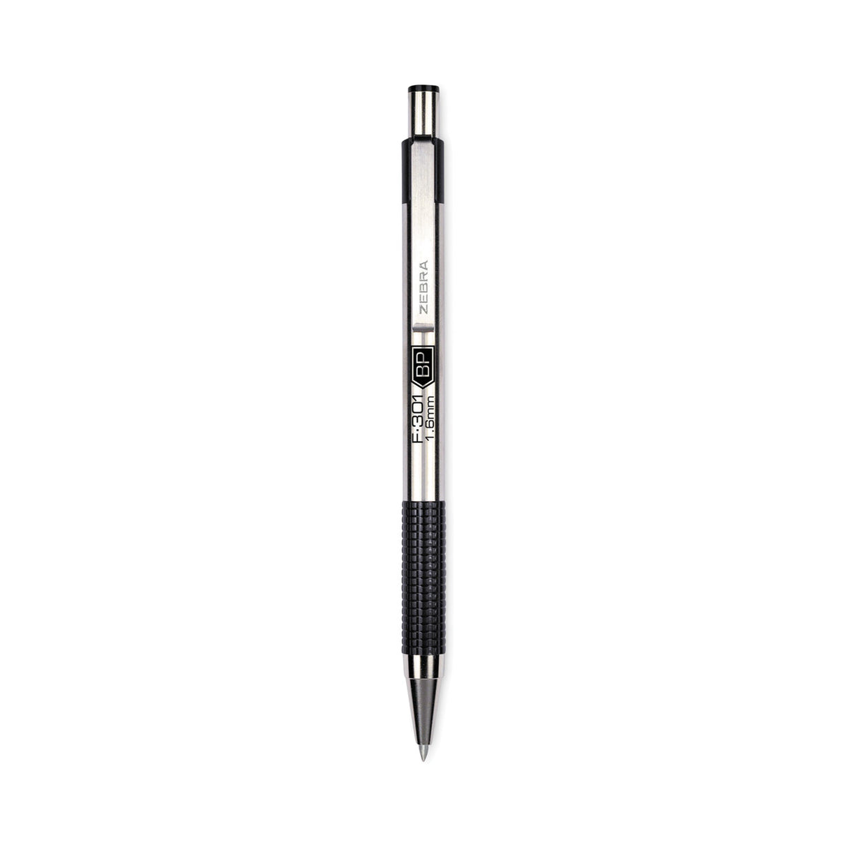 Zebra F-301 Ballpoint Pen, Retractable, Bold 1.6 mm, Black Ink, Stainless Steel/Black Barrel, 12/Pack (27310)