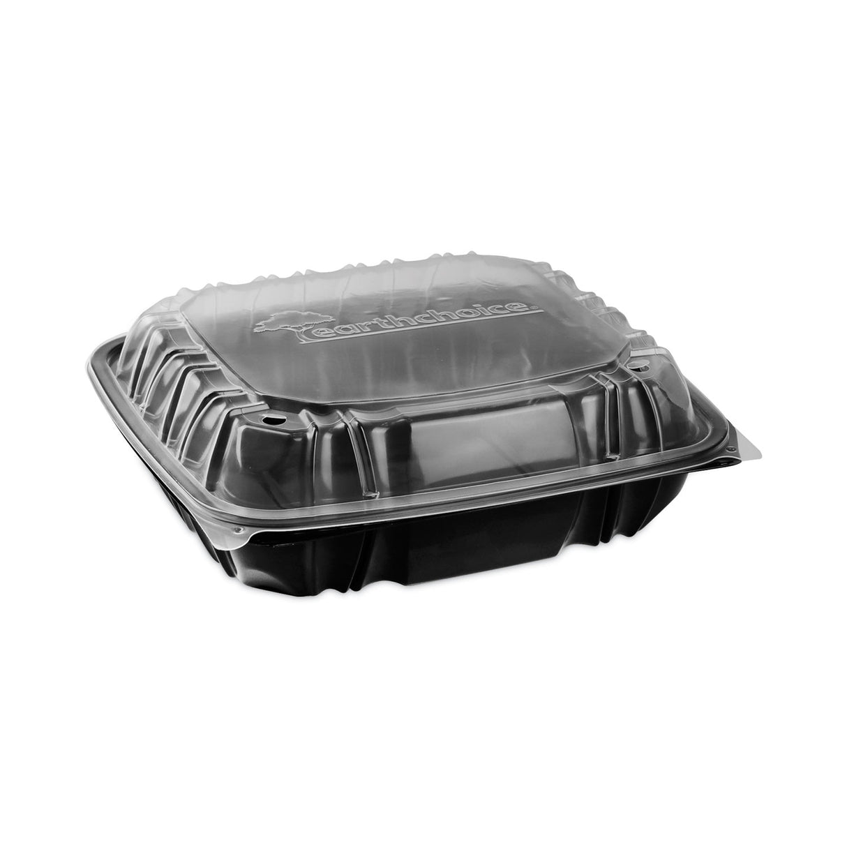 Pactiv EarthChoice Vented Dual Color Microwavable Hinged Lid Container, 3-Compartment 34oz, 10.5x9.5x3, Black/Clear, Plastic, 132/CT (DC109310B000)