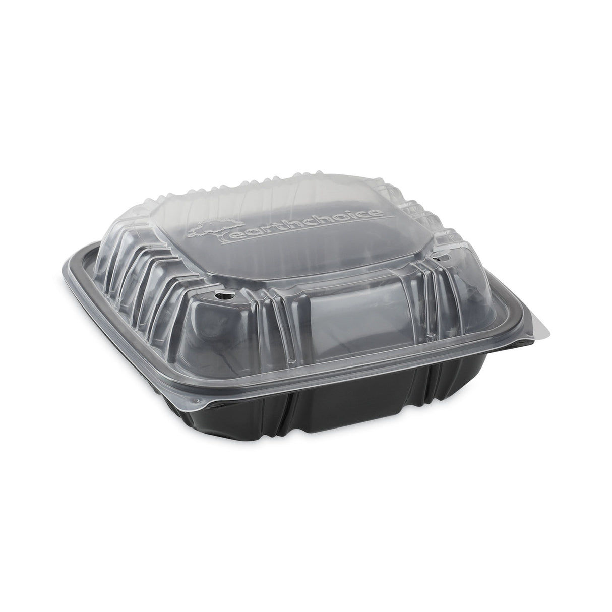 Pactiv EarthChoice Vented Dual Color Microwavable Hinged Lid Container, 1-Compartment, 38oz, 8.5x8.5x3, Black/Clear, Plastic, 150/CT (DC858100B000)