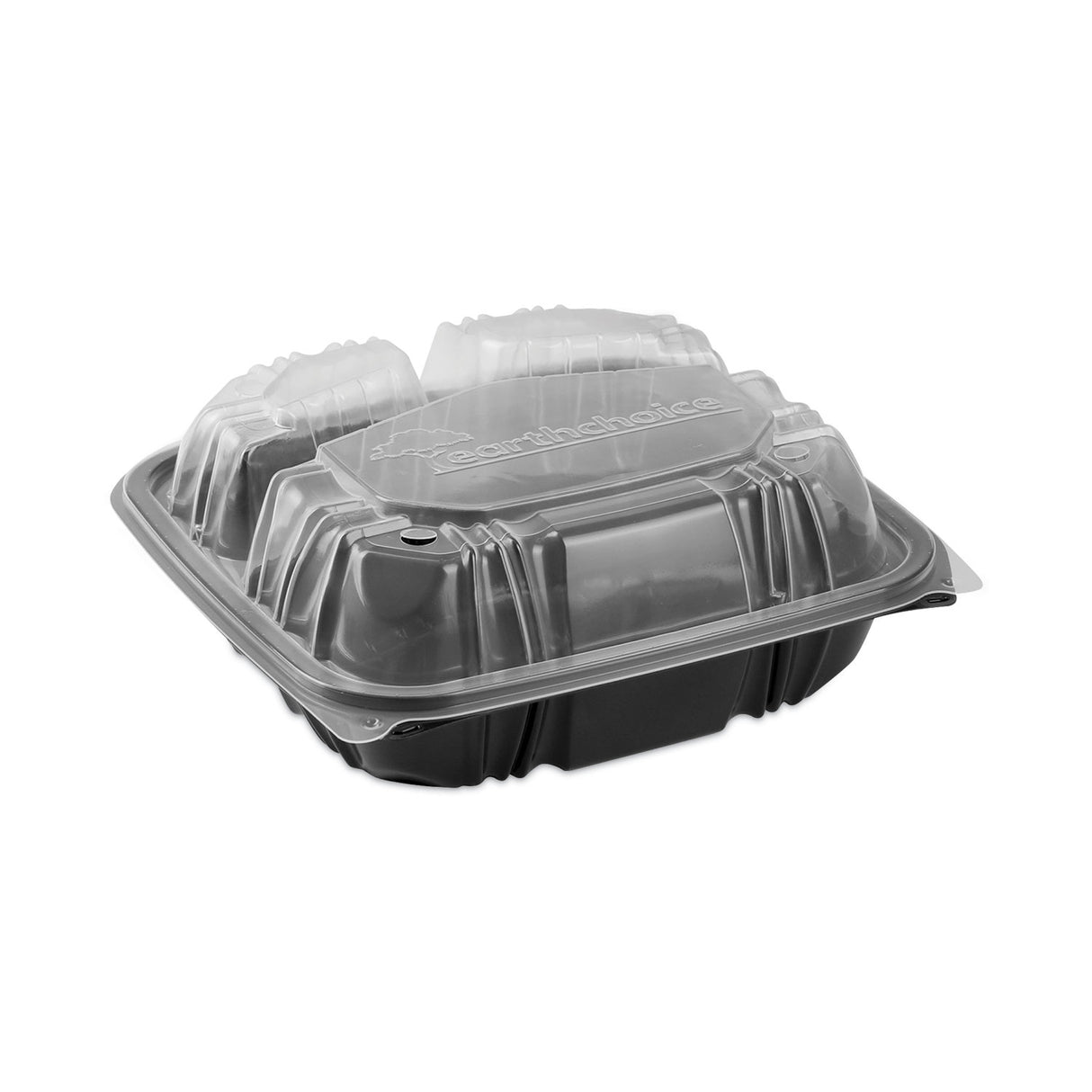Pactiv EarthChoice Vented Dual Color Microwavable Hinged Lid Container, 33oz, 8.5x8.5x3, 3-Compartment, Black/Clear, Plastic, 150/CT (DC858330B000)