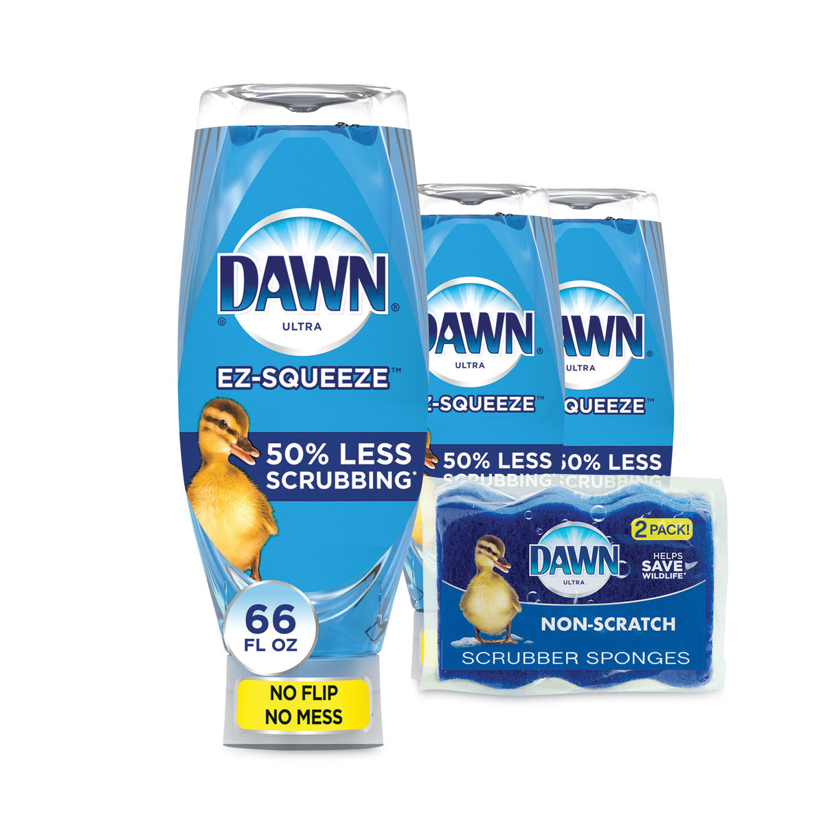 Ultra Liquid Dish Detergent, Dawn Original, Three 22 oz E-Z Squeeze Bottles and 2 Sponges/Pack, 6 Packs/Carton (02367)