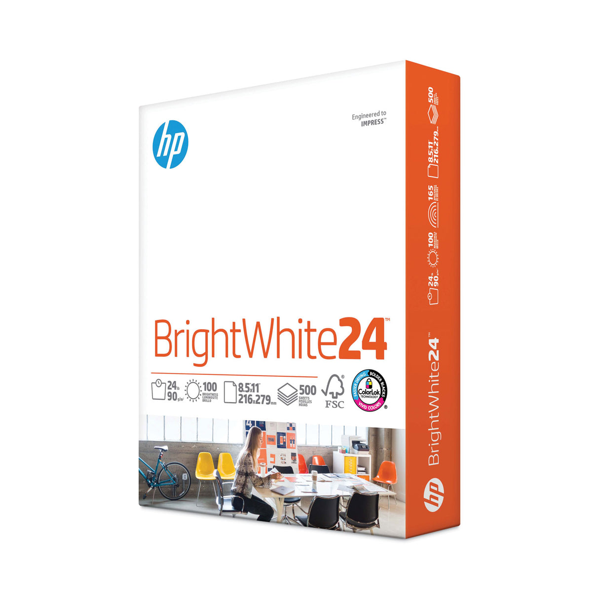 HP Brightwhite24 Paper, 100 Bright, 24 lb Bond Weight, 8.5 x 11, Bright White, 500/Ream (203000)