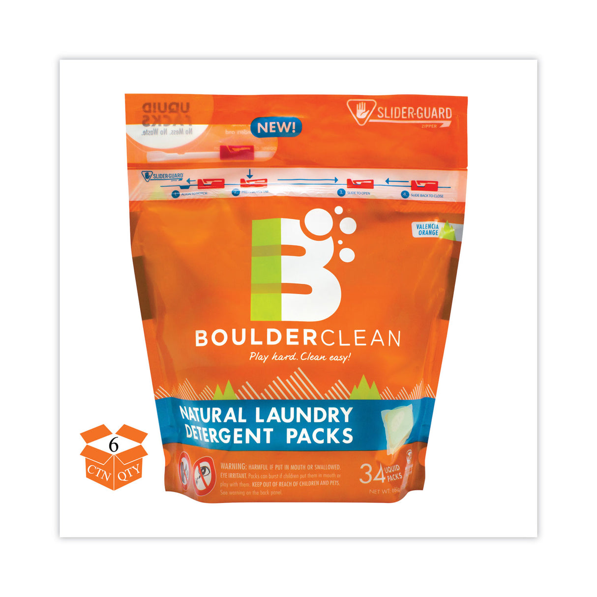 Boulder Clean Laundry Detergent Packs, Valencia Orange, 34/Pouch, 6 Pouches/Carton (003700CT)