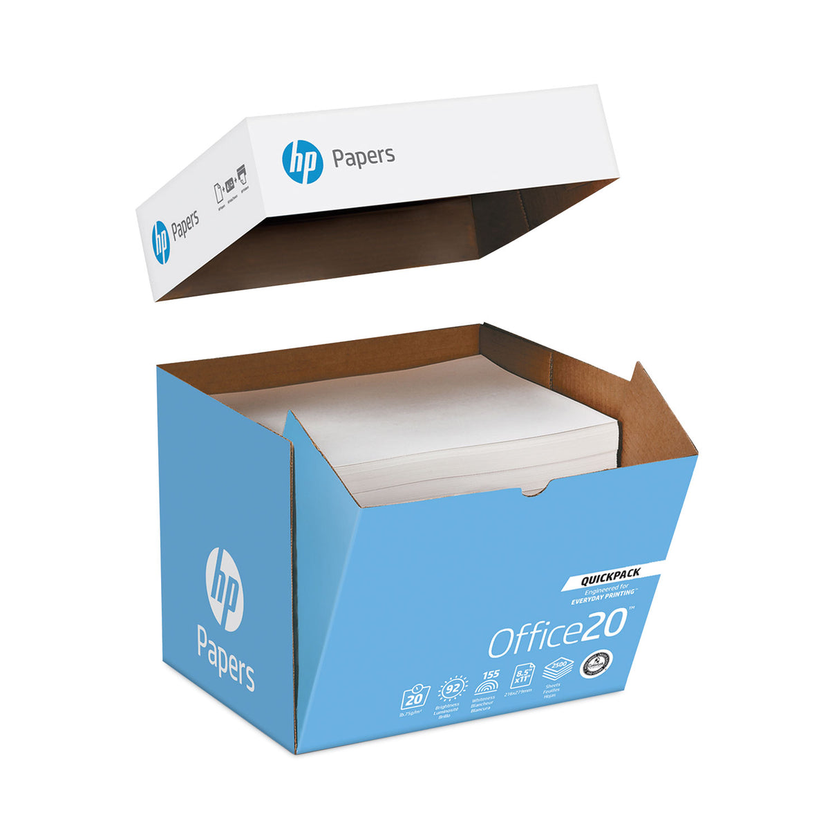 HP Office20 Paper, 92 Bright, 20 lb Bond Weight, 8.5 x 11, White, 2, 500/Carton (112103)