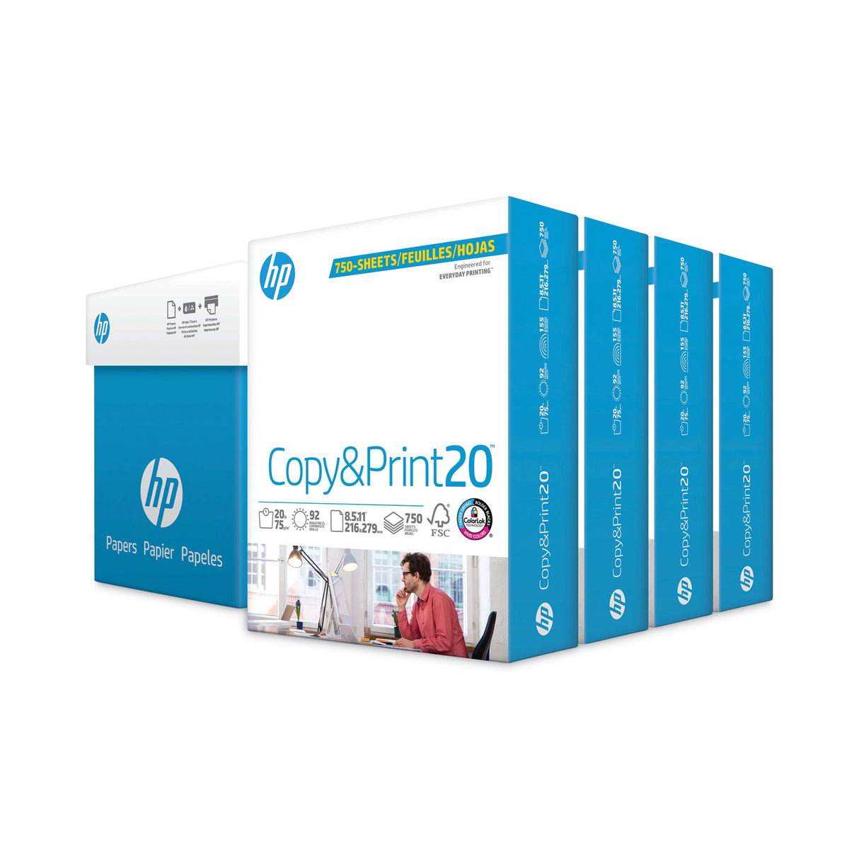 HP CopyandPrint20 Paper, 92 Bright, 20 lb Bond Weight, 8.5 x 11, White, 750 Sheets/Ream, 4 Reams/Carton (200030)