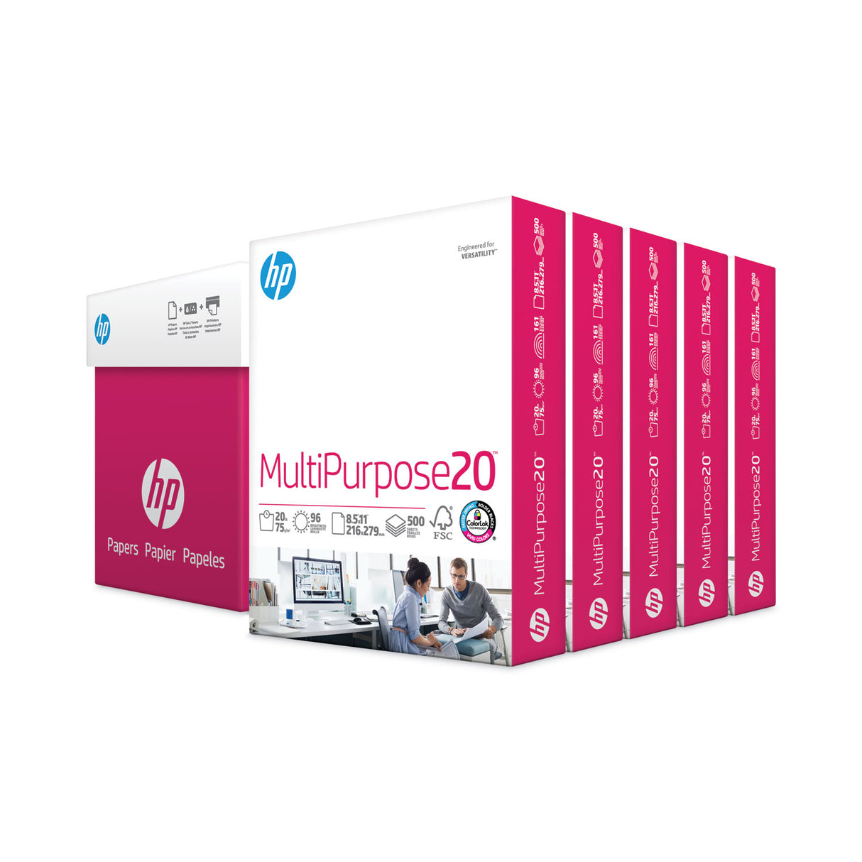 HP MultiPurpose20 Paper, 96 Bright, 20 lb Bond Weight, 8.5 x 11, White, 500 Sheets/Ream, 5 Reams/Carton (115100)