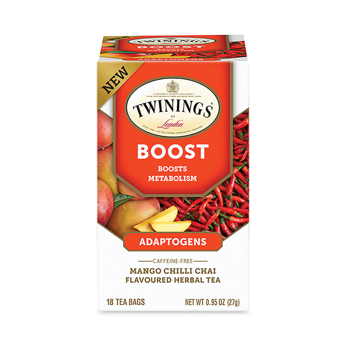 TWININGS Boost Mango Chili Chai Herbal Tea Bags, 0.95 oz, 18/Box (TNA54440)