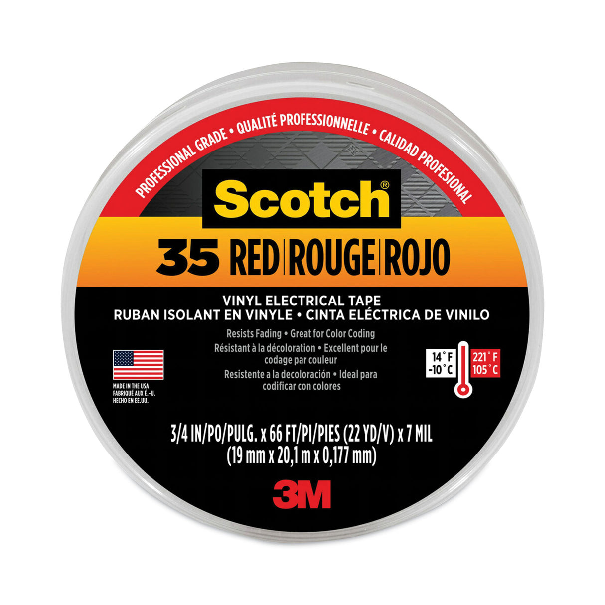 3M Scotch 35 Vinyl Electrical Color Coding Tape, 3" Core, 0.75" x 66 ft, Red (10810)
