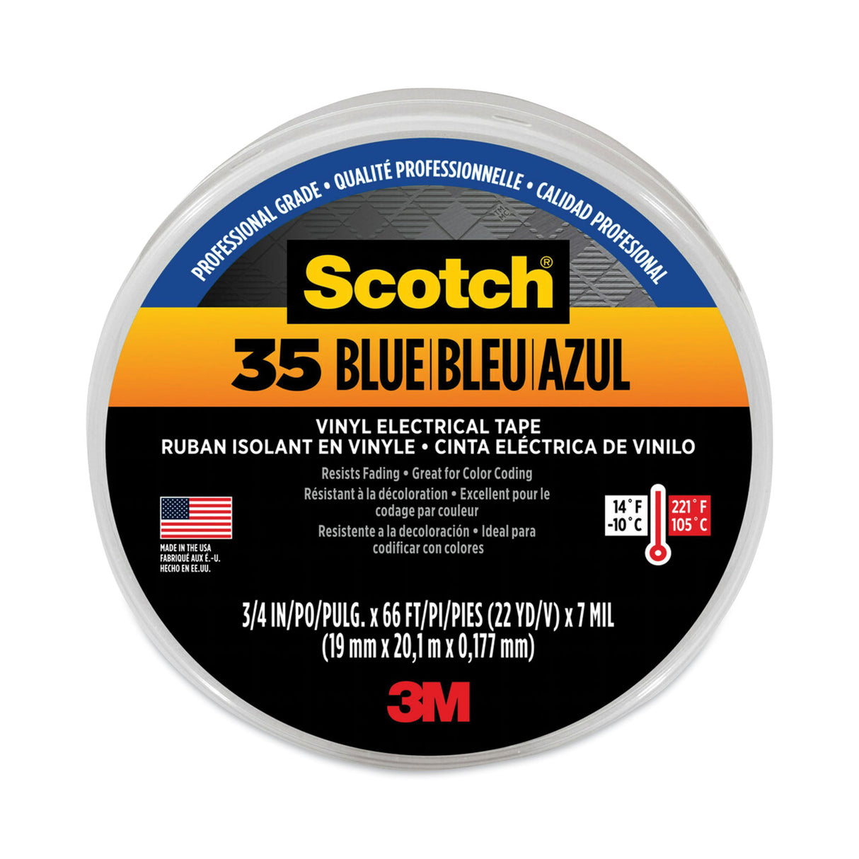 3M Scotch 35 Vinyl Electrical Color Coding Tape, 3" Core, 0.75" x 66 ft, Blue (10836)