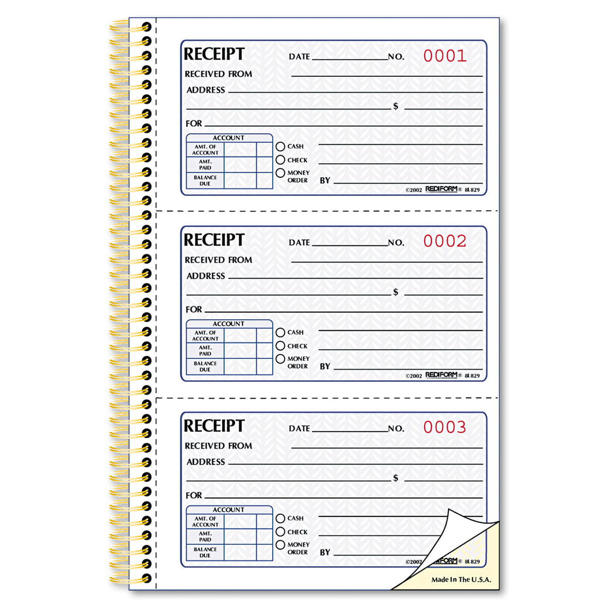 Rediform Gold Standard Money Receipt Book, Two-Part Carbonless, 5 x 2.75, 3 Forms/Sheet, 225 Forms Total (8L829)
