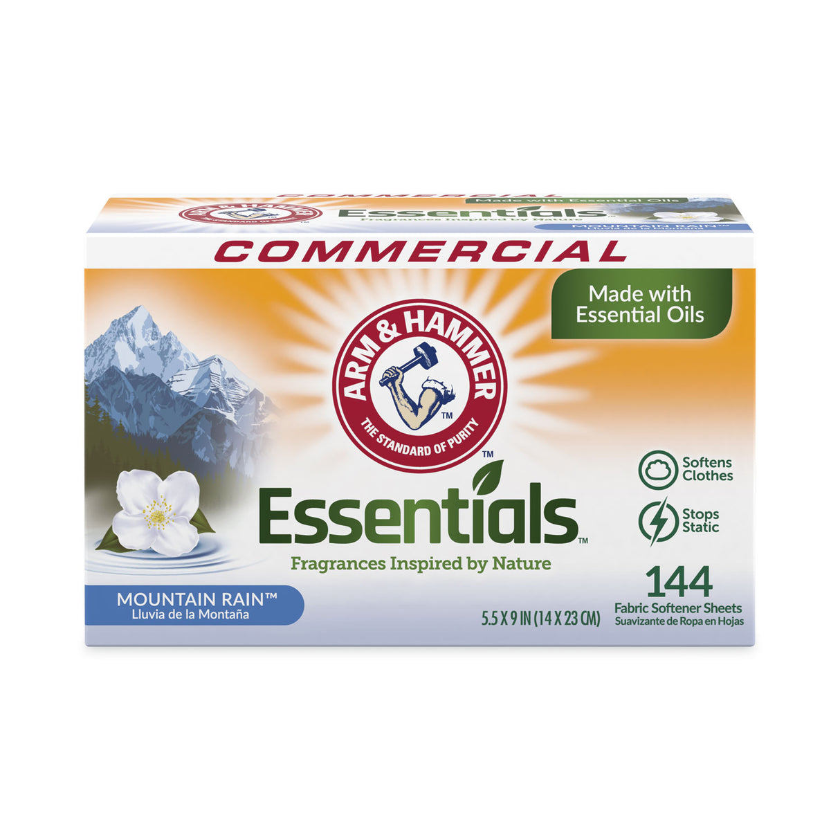 Arm & Hammer Essentials Dryer Sheets, Mountain Rain, 144 Sheets/Box, 6 Boxes/Carton (3320000102)