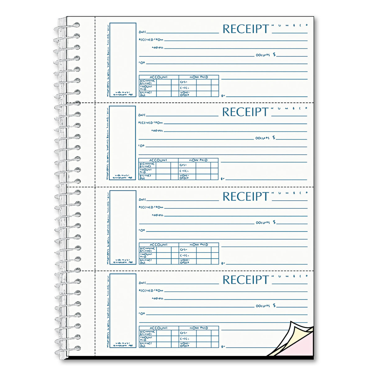 Rediform Spiralbound Unnumbered Money Receipt Book, Three-Part Carbonless, 7 x 2.75, 4 Forms/Sheet, 120 Forms Total (S16444WCL)