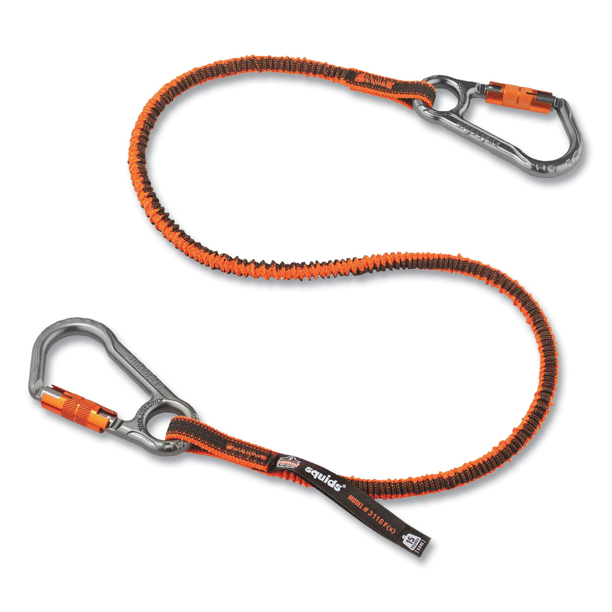 ergodyne Squids 3118F(x) Tool Lanyards with Locking Aluminum Carabiners, 15 lb Working Capacity, 38" to 48" Long, Orange/Gray (19828)