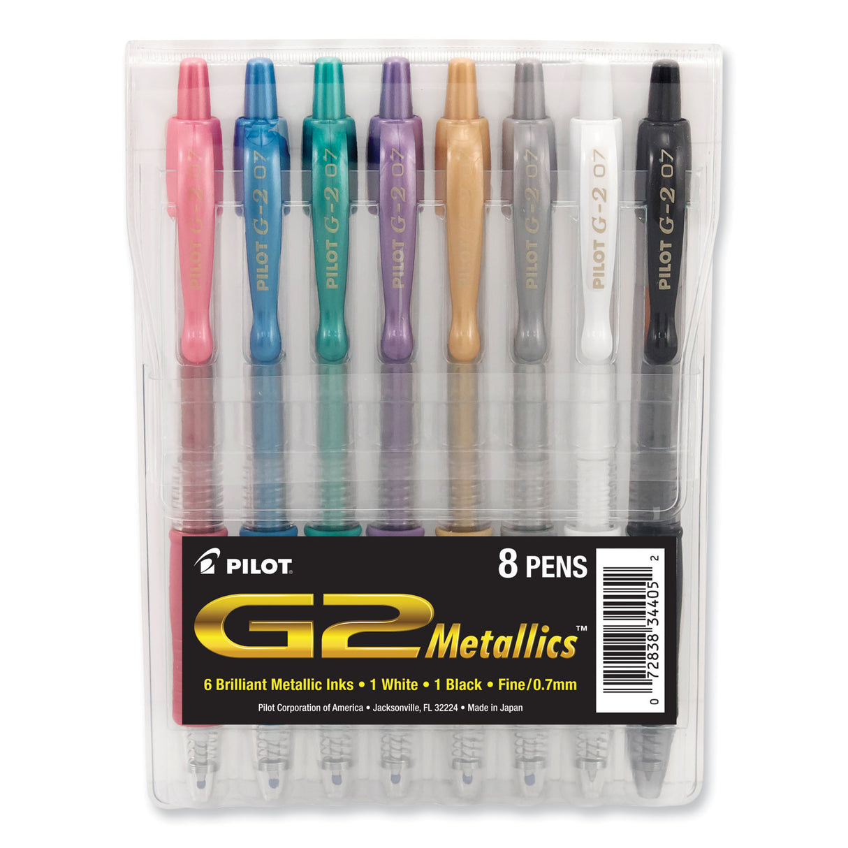 Pilot G2 Metallics Gel Pen, Retractable, Fine 0.7 mm, Assorted Ink and Barrel Colors, 8/Pack (34405)