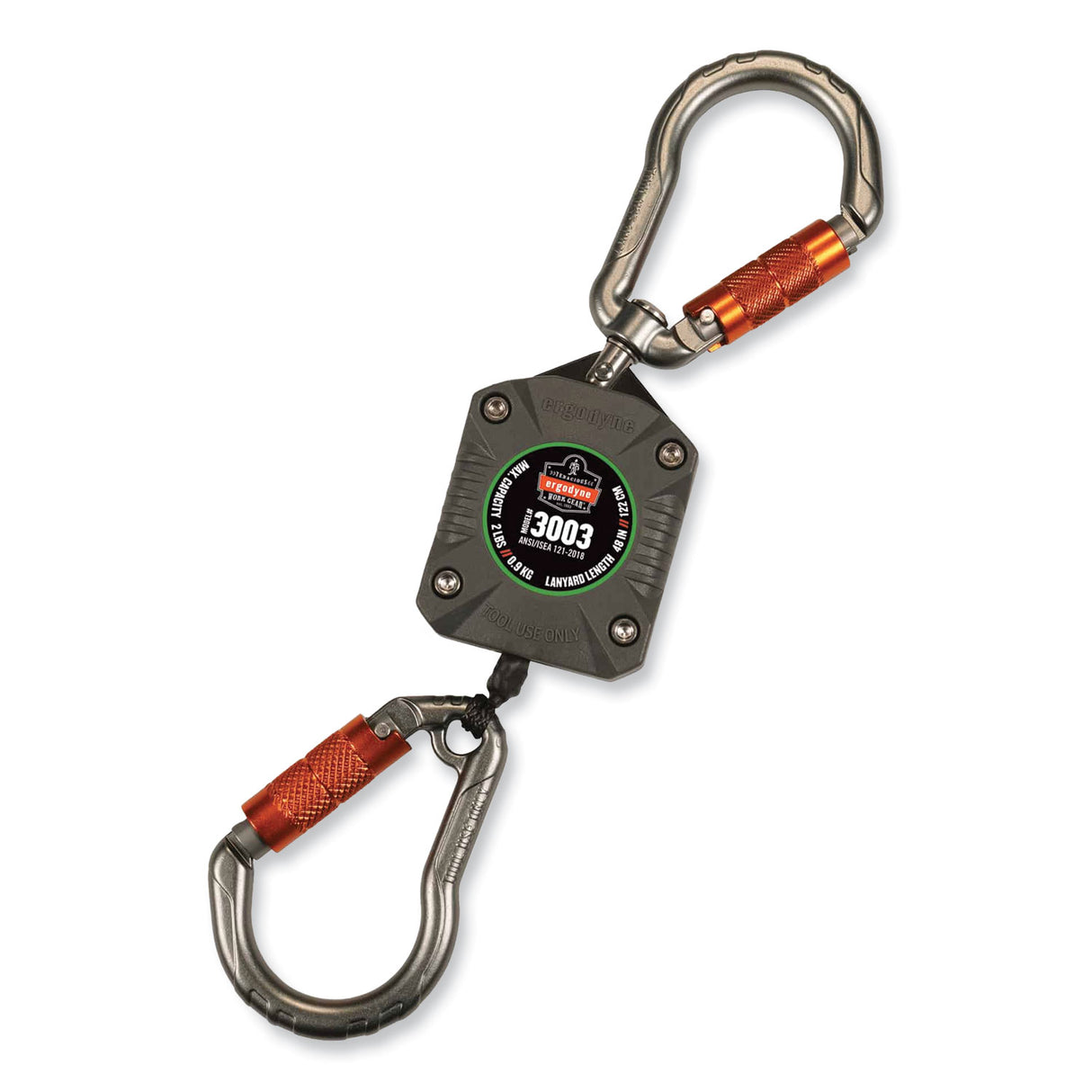 ergodyne Squids 3003 Retractable Lanyard with Two Carabiners, 2 lb Max Working Capacity, 8" to 48"Long, Gray (19303)