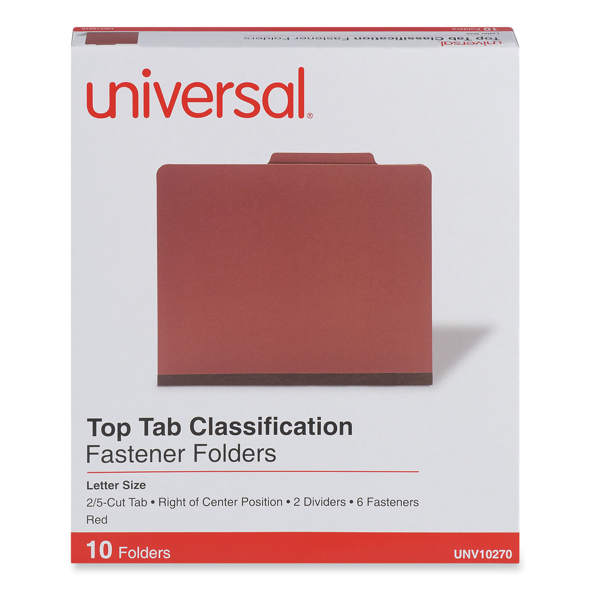 Universal Six-Section Pressboard Classification Folders, 2" Expansion, 2 Dividers, 6 Fasteners, Letter Size, Red Exterior, 10/Box (UNV10270)