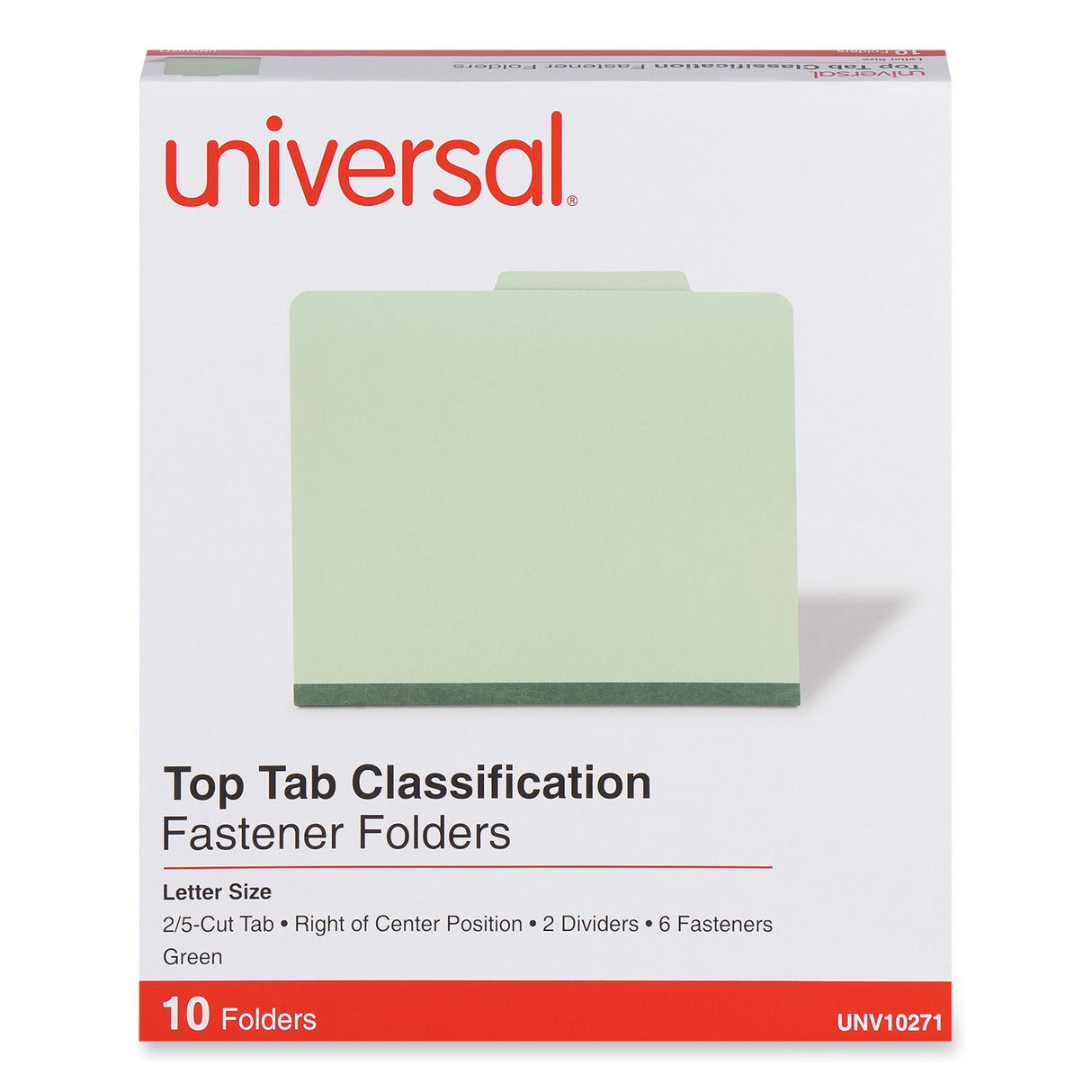 Universal Six-Section Pressboard Classification Folders, 2" Expansion, 2 Dividers, 6 Fasteners, Letter Size, Green Exterior, 10/Box (UNV10271)